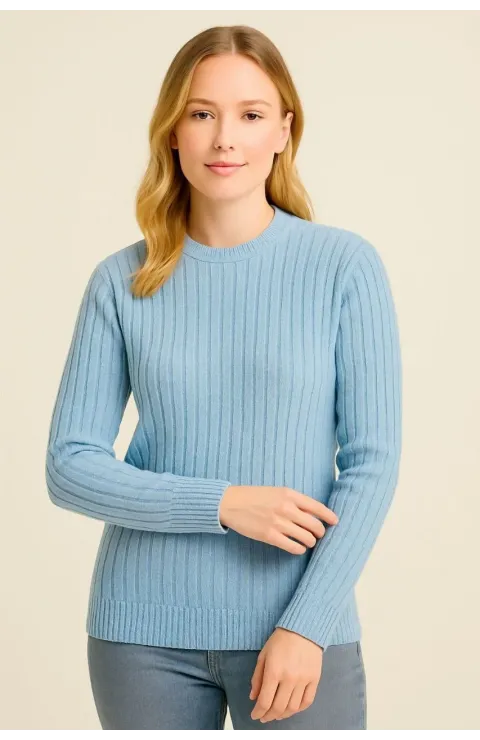 Kadın Bisiklet Yuvarlak Yaka Triko Kazak Pamuklu Kalın Fitilli Dokuma, Regular Fit Uzun Kollu Kışlık Model - Bebe Mavisi