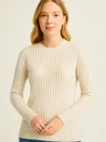 Kadın Bisiklet Yuvarlak Yaka Triko Kazak Pamuklu Kalın Fitilli Dokuma, Regular Fit Uzun Kollu Kışlık Model - Bej
