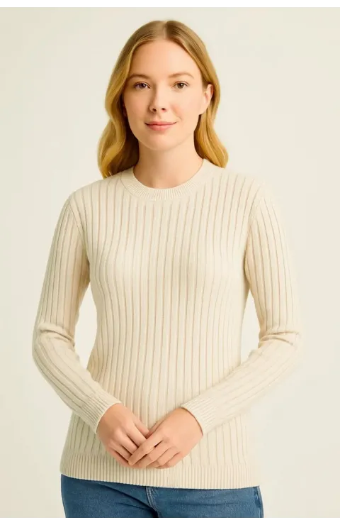 Kadın Bisiklet Yuvarlak Yaka Triko Kazak Pamuklu Kalın Fitilli Dokuma, Regular Fit Uzun Kollu Kışlık Model - Bej