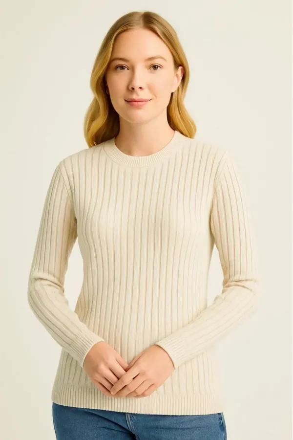 Kadın Bisiklet Yuvarlak Yaka Triko Kazak Pamuklu Kalın Fitilli Dokuma, Regular Fit Uzun Kollu Kışlık Model - Bej