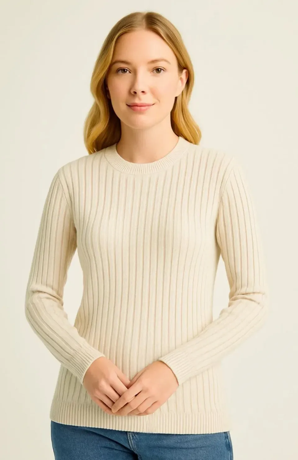 Kadın Bisiklet Yuvarlak Yaka Triko Kazak Pamuklu Kalın Fitilli Dokuma, Regular Fit Uzun Kollu Kışlık Model - Bej