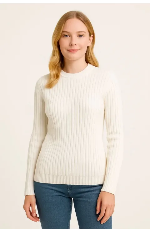 Kadın Bisiklet Yuvarlak Yaka Triko Kazak Pamuklu Kalın Fitilli Dokuma, Regular Fit Uzun Kollu Kışlık Model - Beyaz