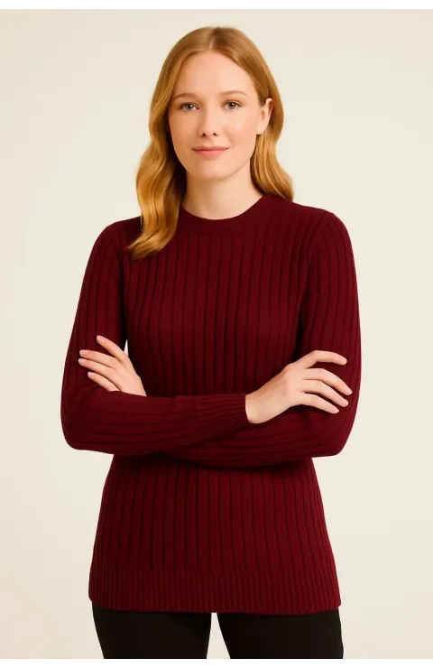 Kadın Bisiklet Yuvarlak Yaka Triko Kazak Pamuklu Kalın Fitilli Dokuma, Regular Fit Uzun Kollu Kışlık Model - Bordo