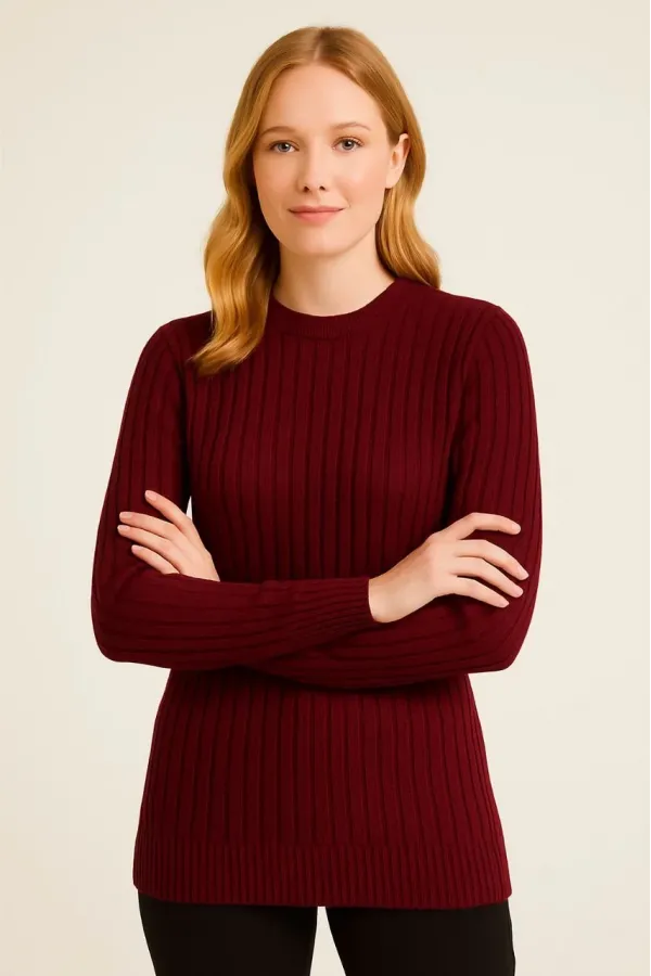 Kadın Bisiklet Yuvarlak Yaka Triko Kazak Pamuklu Kalın Fitilli Dokuma, Regular Fit Uzun Kollu Kışlık Model - Bordo