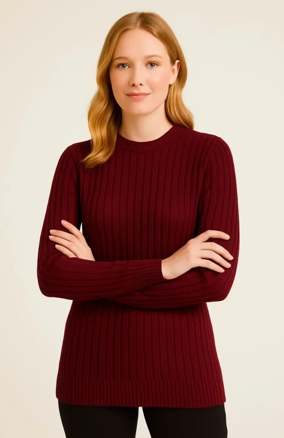 Kadın Bisiklet Yuvarlak Yaka Triko Kazak Pamuklu Kalın Fitilli Dokuma, Regular Fit Uzun Kollu Kışlık Model - Bordo