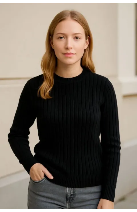 Kadın Bisiklet Yuvarlak Yaka Triko Kazak Pamuklu Kalın Fitilli Dokuma, Regular Fit Uzun Kollu Kışlık Model - Siyah