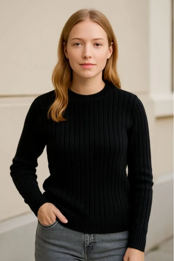 Kadın Bisiklet Yuvarlak Yaka Triko Kazak Pamuklu Kalın Fitilli Dokuma, Regular Fit Uzun Kollu Kışlık Model - Siyah