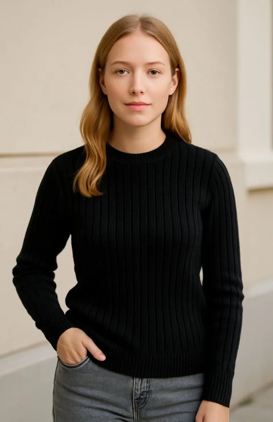 Kadın Bisiklet Yuvarlak Yaka Triko Kazak Pamuklu Kalın Fitilli Dokuma, Regular Fit Uzun Kollu Kışlık Model - Siyah