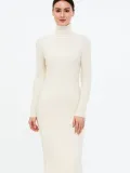 Kadın Boğazlı Triko Elbise – Uzun Fitilli Esnek Dokuma, Tam Kalıp, Kışlık & Baharlık Şık Rahat Stil, 130 cm Midi Boy Elbise - Beyaz