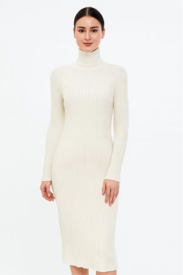 Kadın Boğazlı Triko Elbise – Uzun Fitilli Esnek Dokuma, Tam Kalıp, Kışlık & Baharlık Şık Rahat Stil, 130 cm Midi Boy Elbise - Beyaz