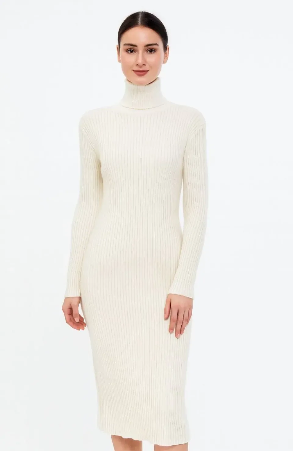 Kadın Boğazlı Triko Elbise – Uzun Fitilli Esnek Dokuma, Tam Kalıp, Kışlık & Baharlık Şık Rahat Stil, 130 cm Midi Boy Elbise - Beyaz