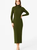Kadın Boğazlı Triko Elbise – Uzun Fitilli Esnek Dokuma, Tam Kalıp, Kışlık & Baharlık Şık Rahat Stil, 130 cm Midi Boy Elbise - Haki