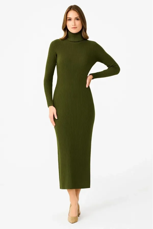 Kadın Boğazlı Triko Elbise – Uzun Fitilli Esnek Dokuma, Tam Kalıp, Kışlık & Baharlık Şık Rahat Stil, 130 cm Midi Boy Elbise - Haki