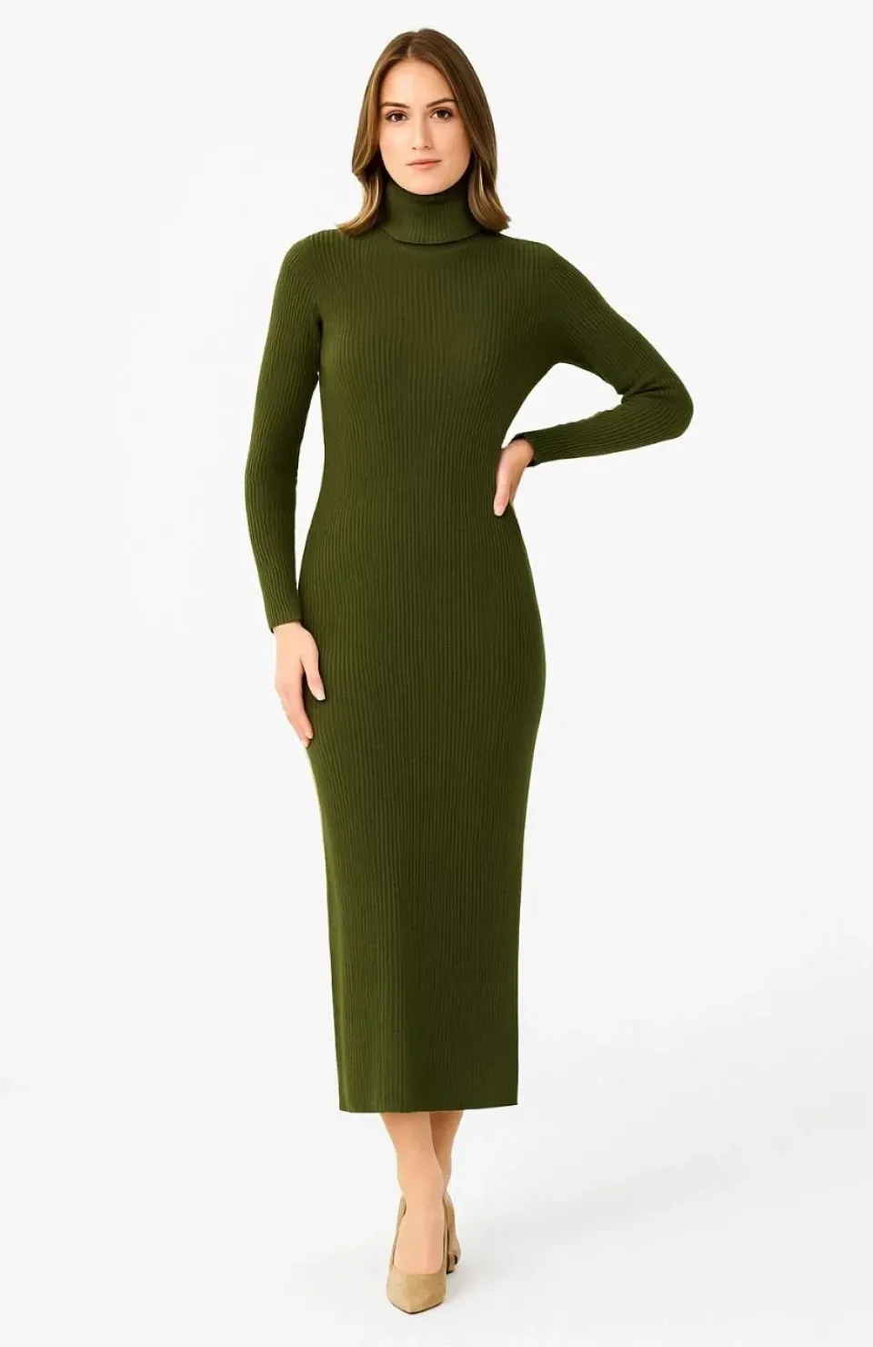 Kadın Boğazlı Triko Elbise – Uzun Fitilli Esnek Dokuma, Tam Kalıp, Kışlık & Baharlık Şık Rahat Stil, 130 cm Midi Boy Elbise - Haki