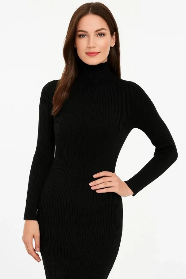 Kadın Boğazlı Triko Elbise – Uzun Fitilli Esnek Dokuma, Tam Kalıp, Kışlık & Baharlık Şık Rahat Stil, 130 cm Midi Boy Elbise - Siyah