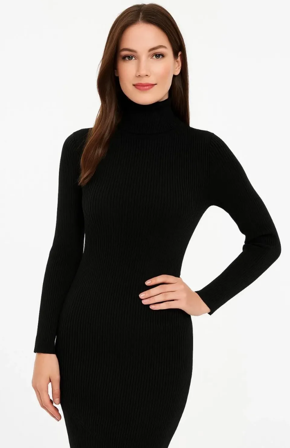 Kadın Boğazlı Triko Elbise – Uzun Fitilli Esnek Dokuma, Tam Kalıp, Kışlık & Baharlık Şık Rahat Stil, 130 cm Midi Boy Elbise - Siyah