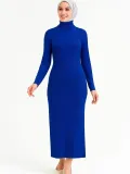 Kadın Boğazlı Uzun Fitilli Tesettüre Uygun Triko Dokuma Elbise - Saks Mavisi