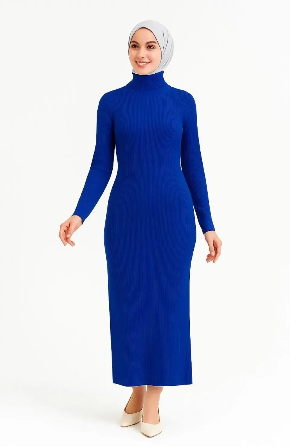 Kadın Boğazlı Uzun Fitilli Tesettüre Uygun Triko Dokuma Elbise - Saks Mavisi