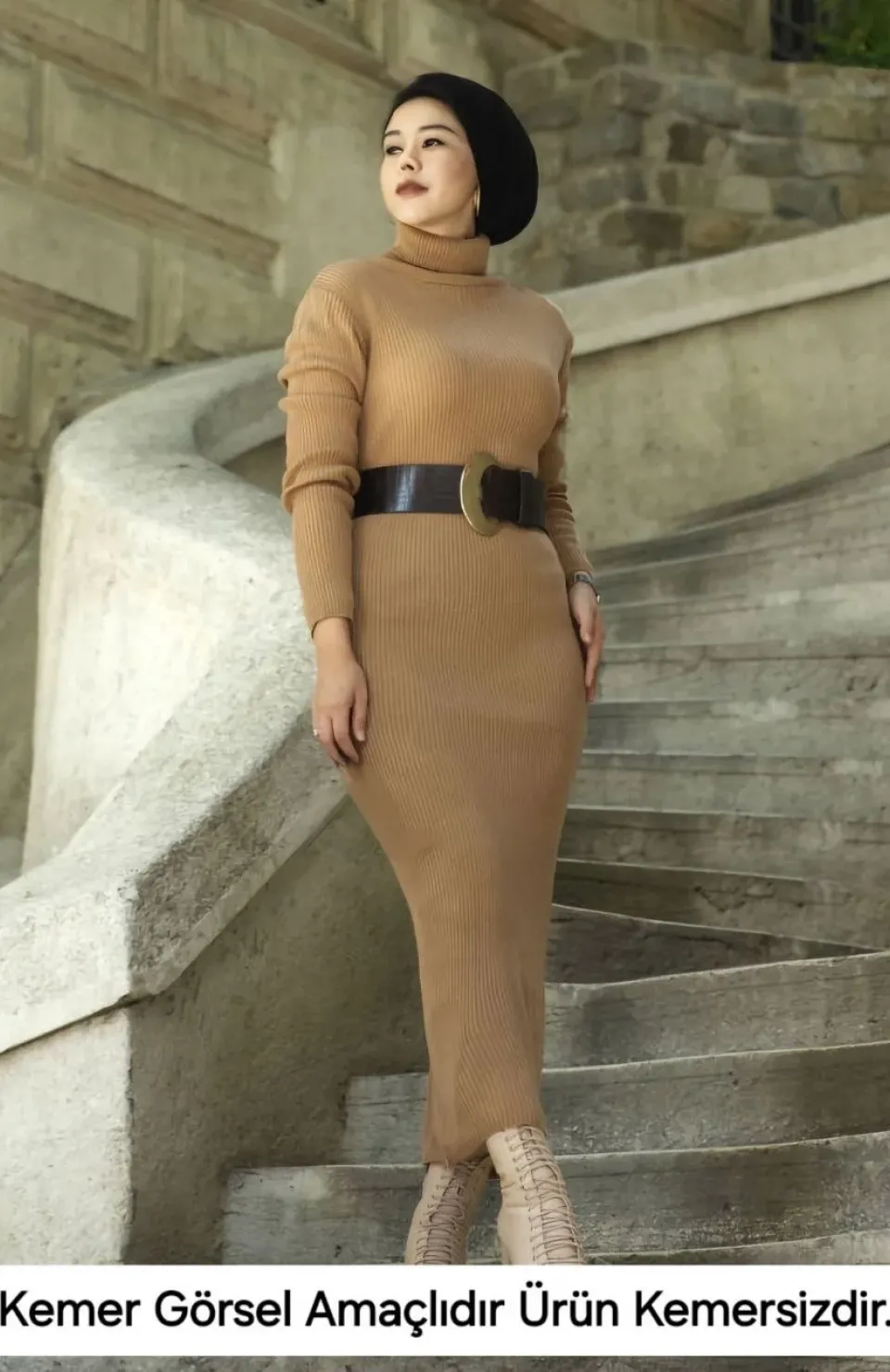 Kadın Boğazlı Uzun Fitilli Triko Dokuma Elbise - Kahverengi Somersan Giyim | Kadın, Erkek ve Çocuk Moda