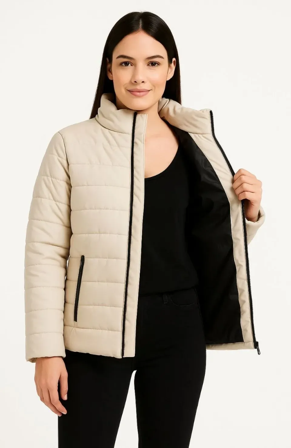 Kadın Bomber Mont Ceket – Su İtici Kumaş, Kapitone Astarlı, Fermuarlı, Kışlık - Bej