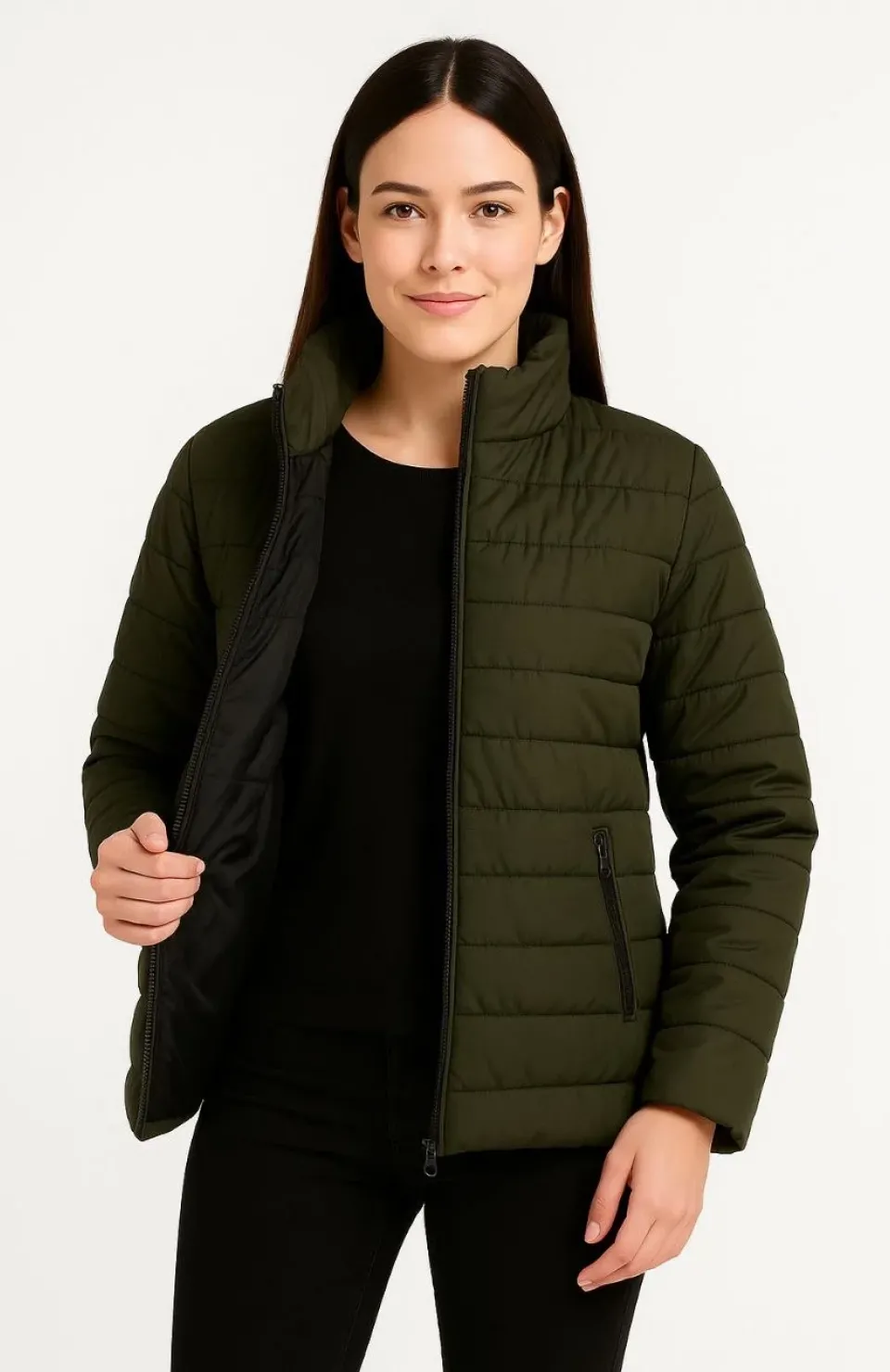 Kadın Bomber Mont Ceket – Su İtici Kumaş, Kapitone Astarlı, Fermuarlı, Kışlık - Haki