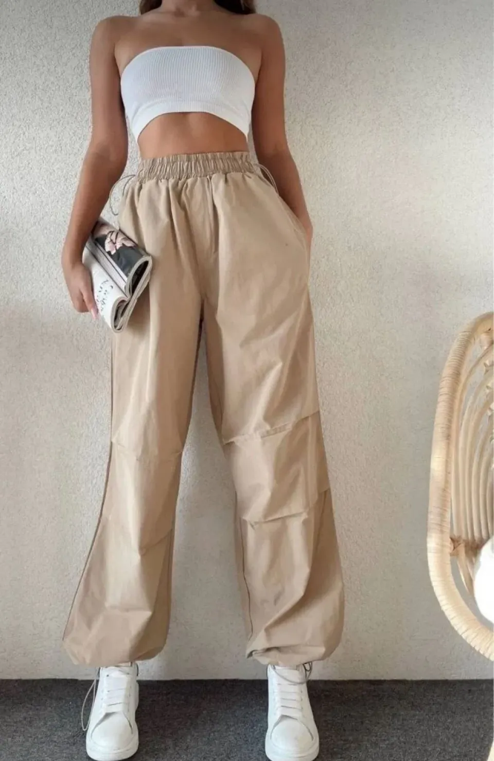 Kadın Cepli Paraşut Pantalon - Bej