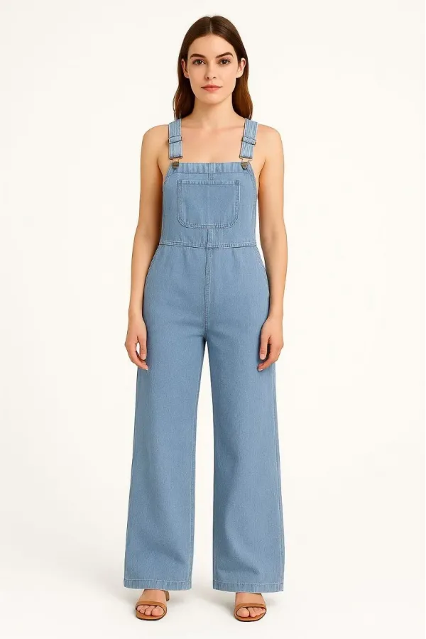 Kadın Chambray Açık Mavi Denim Görünümlü Geniş Paça Salopet Tulum - Mavi