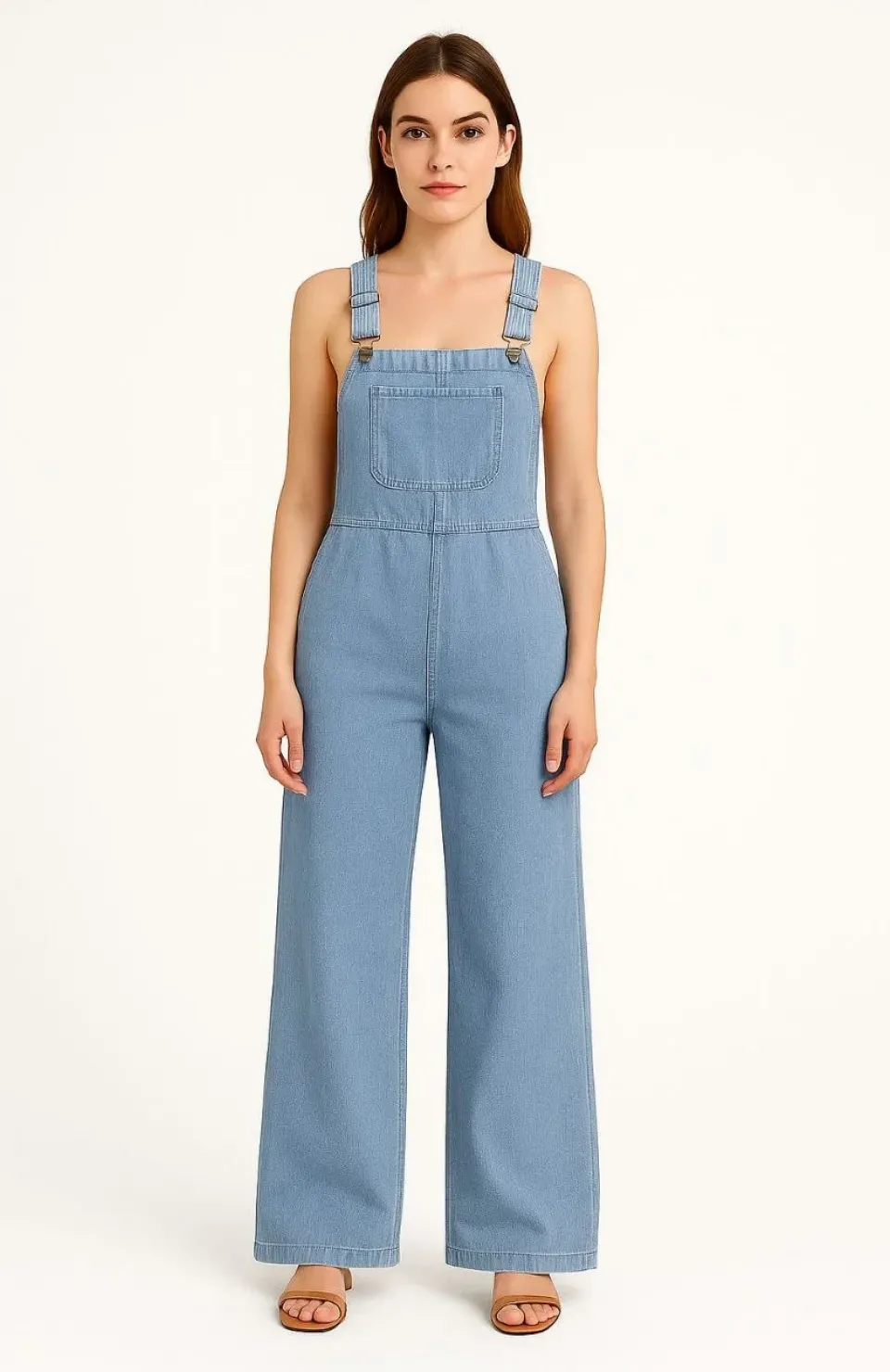 Kadın Chambray Açık Mavi Denim Görünümlü Geniş Paça Salopet Tulum - Mavi