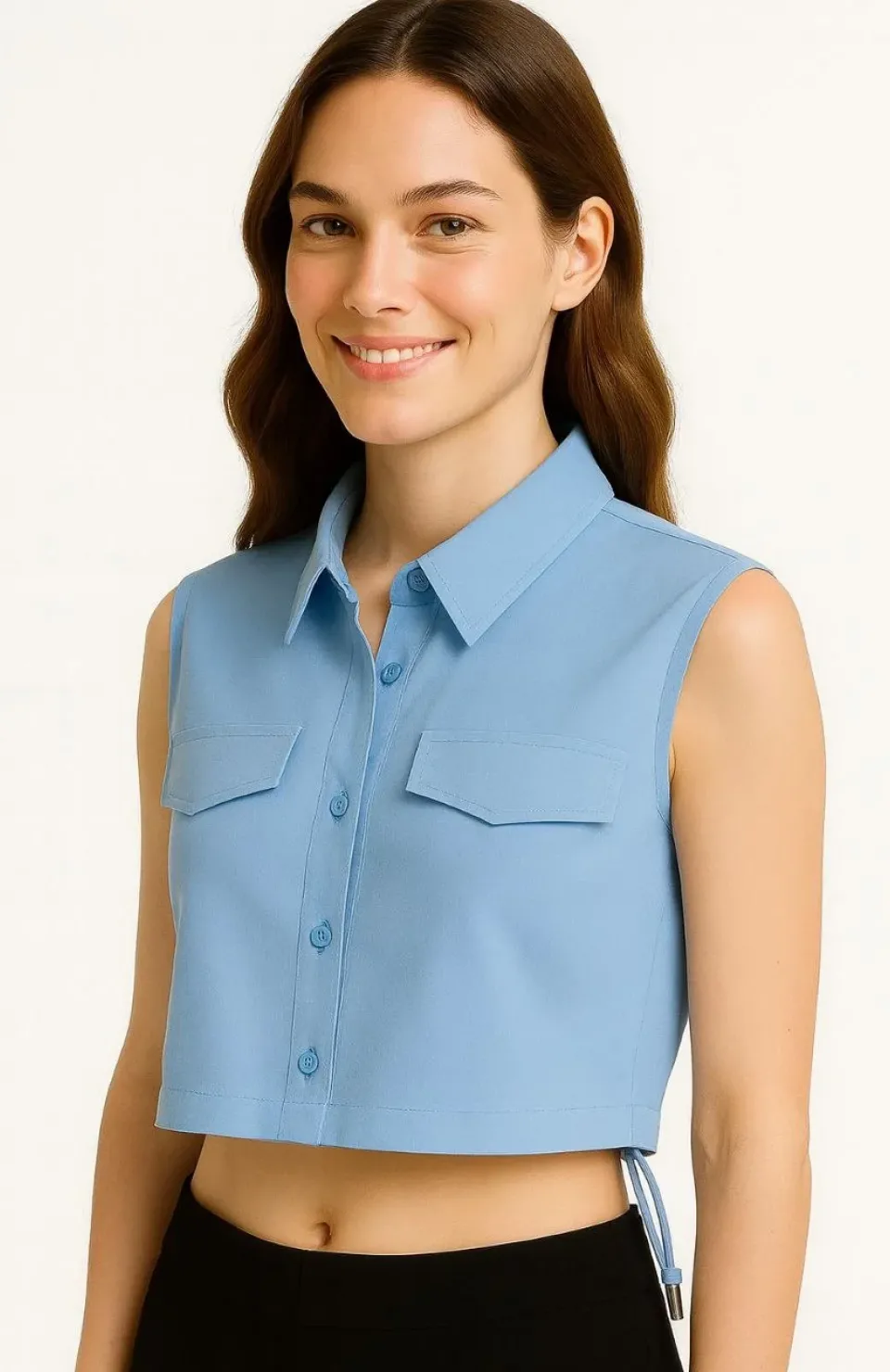Kadın Crop Poplin Gömlek Yalancı Cepli, Ayarlanabilir Yan Kordonlu, - Bebe Mavisi