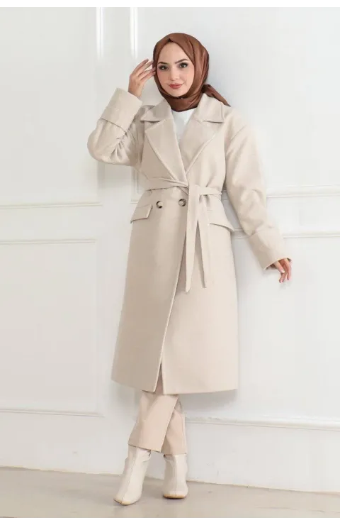 Kadın Düğmeli İçi Astarlı Kaşmir Kaşe Kaban - Bej