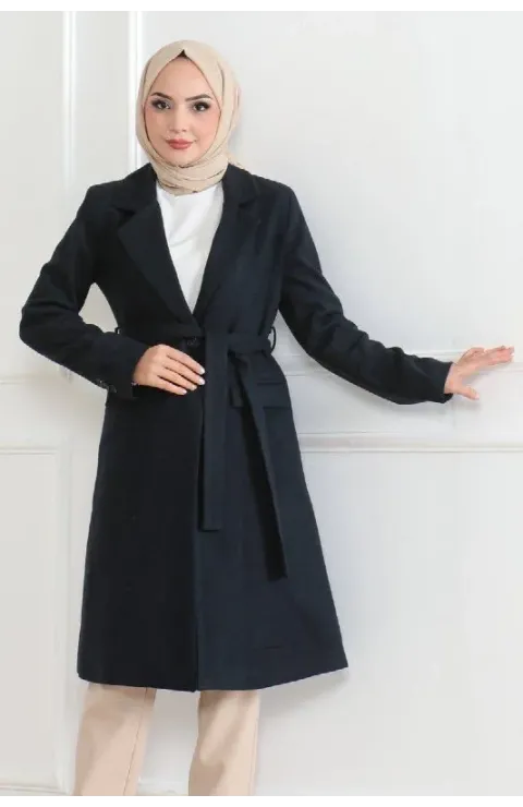 Kadın Düğmeli İçi Astarlı Kaşmir Kaşe Kaban - Lacivert