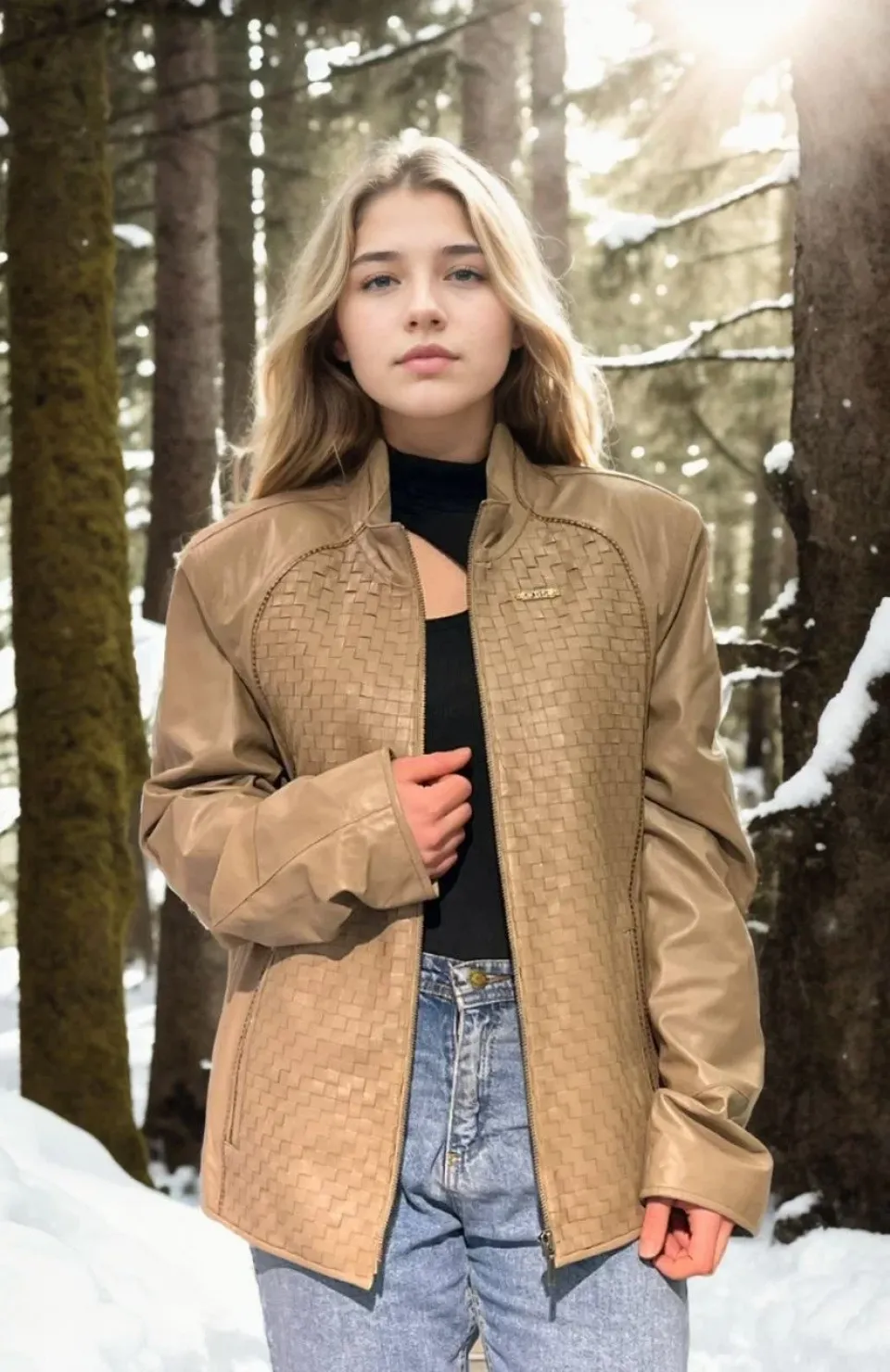 Kadın Fileli Deri Ceket - Krem Somersan Giyim | Kadın, Erkek ve Çocuk Moda