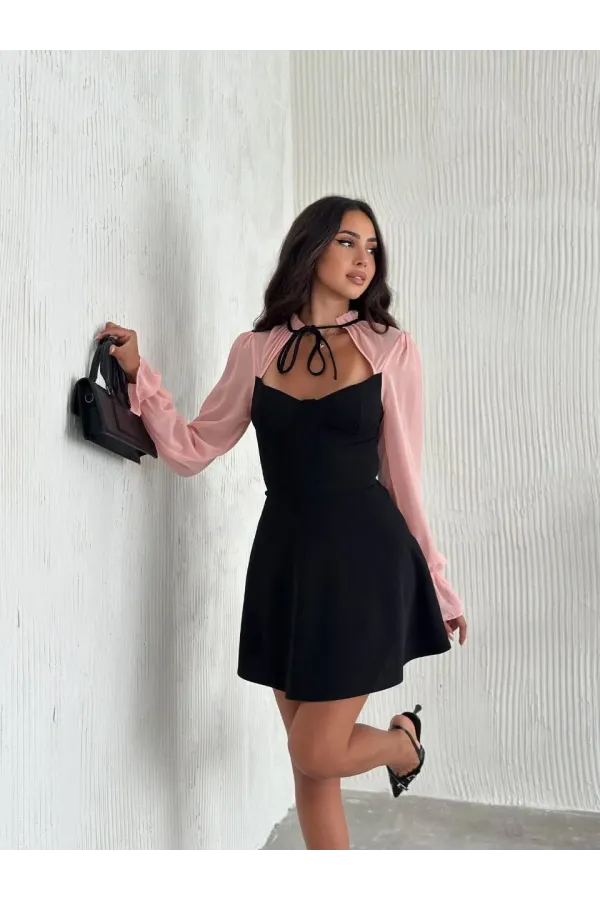 Kadın Göğsü Bağlamalı Kalp Yaka Kolları Şifon Mini Elbise - Siyah Pembe
