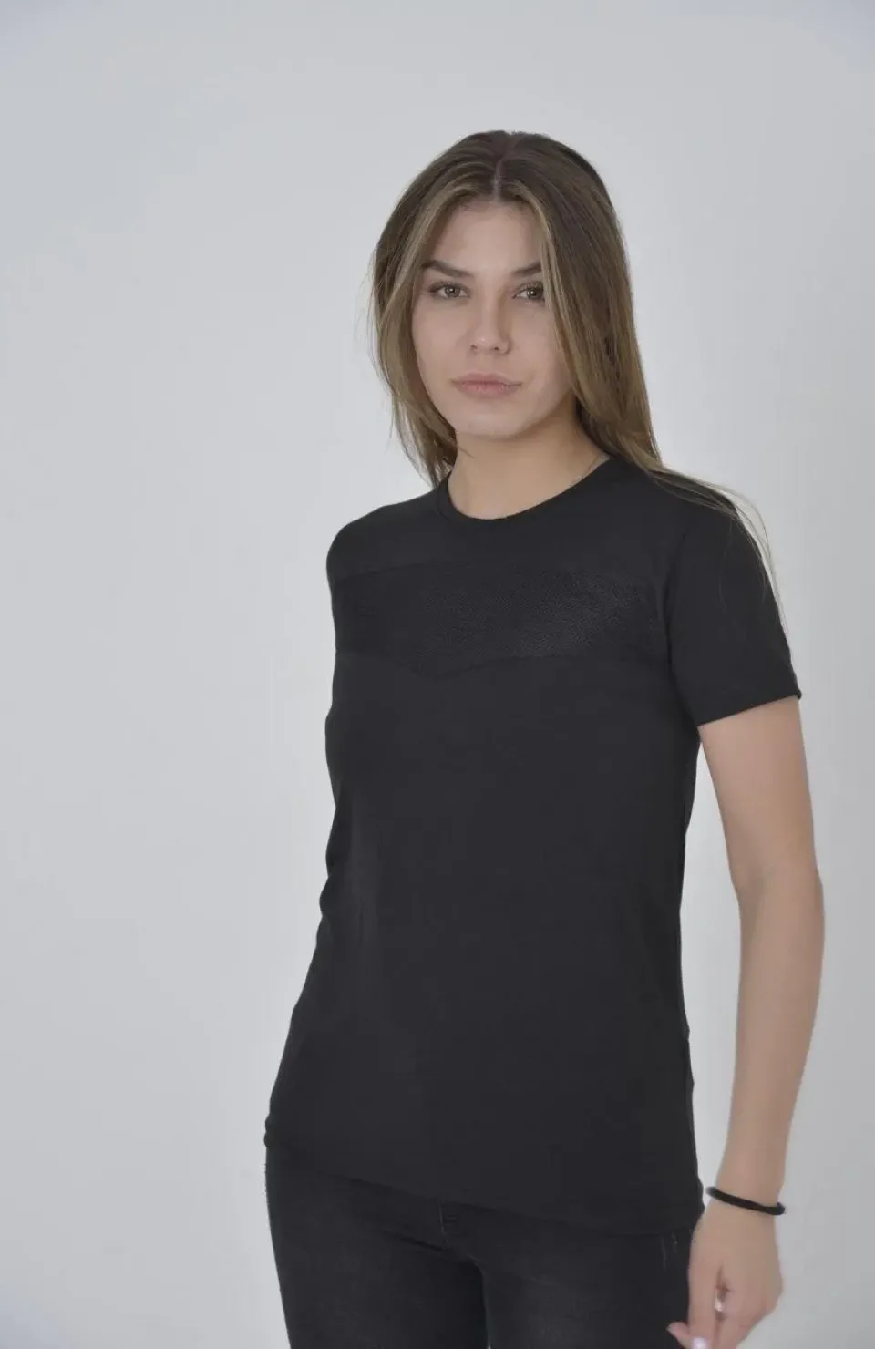 Kadın Gögüs Fileli Slim fit T-shirt - Siyah Somersan Giyim | Kadın, Erkek ve Çocuk Moda