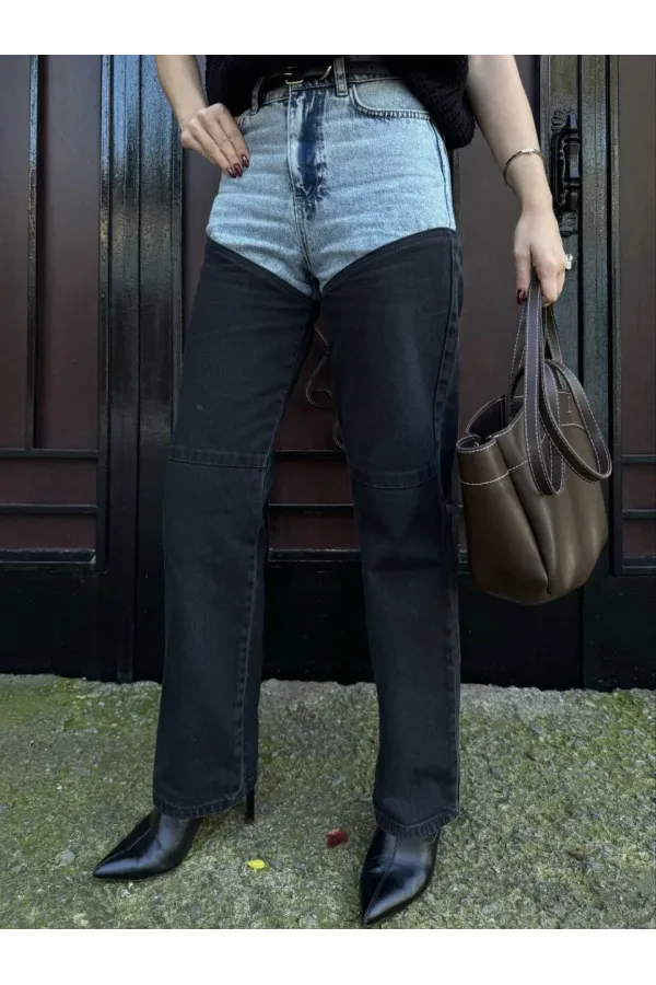 Kadın Jeans Kot Parçalı Palazzo Pantolon - Siyah