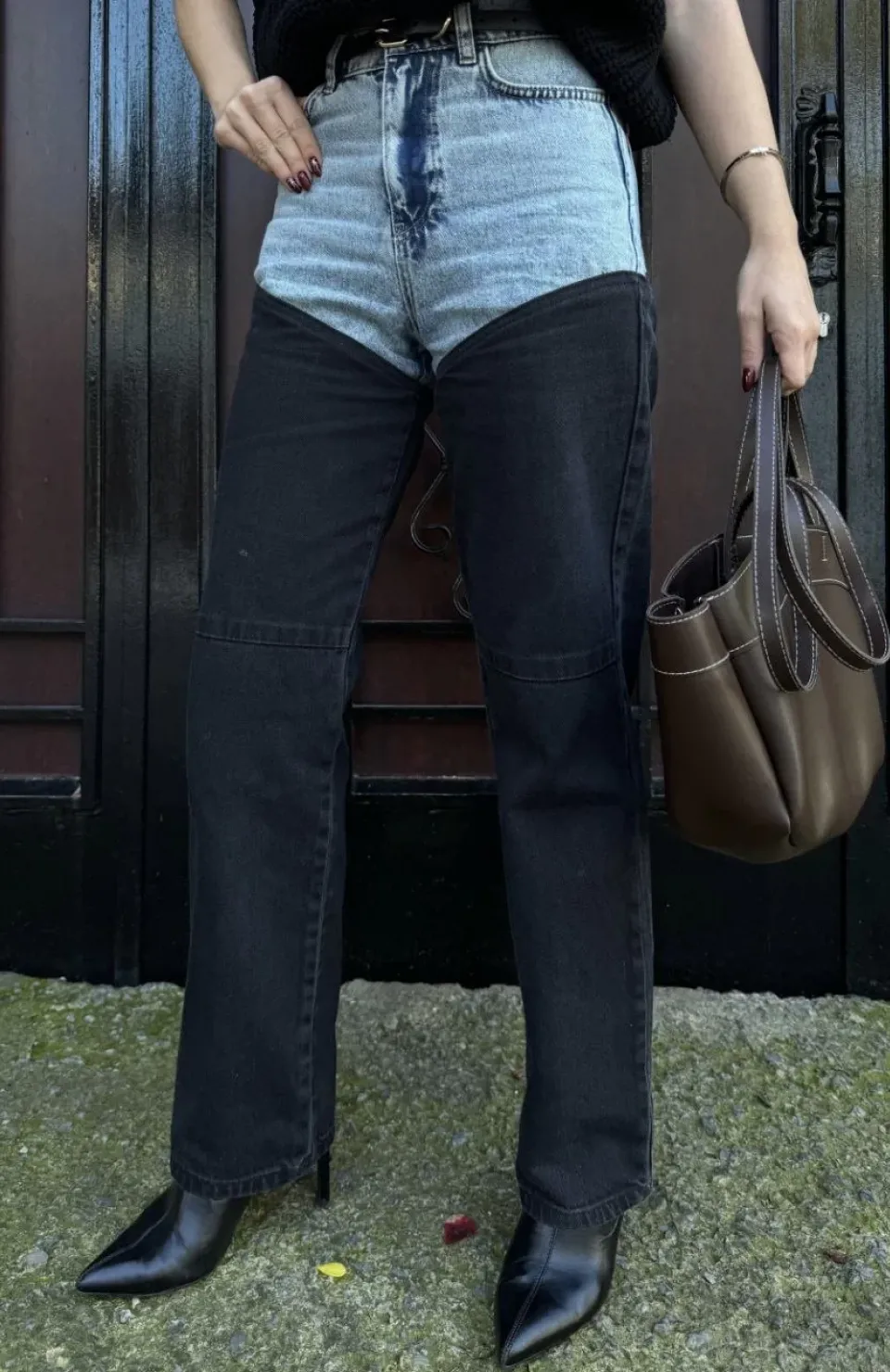 Kadın Jeans Kot Parçalı Palazzo Pantolon - Siyah