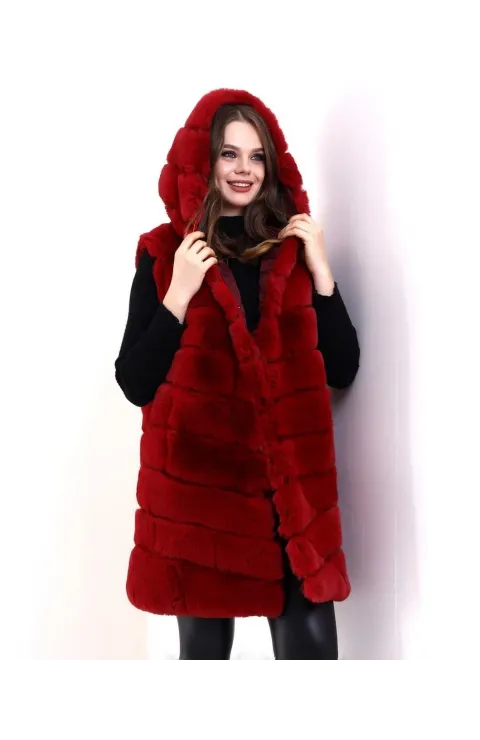 Kadın Kapşonlu Peluş Kürk Yelek Premium Kalite, Tam Astarlı, Uzun Model - Kırmızı