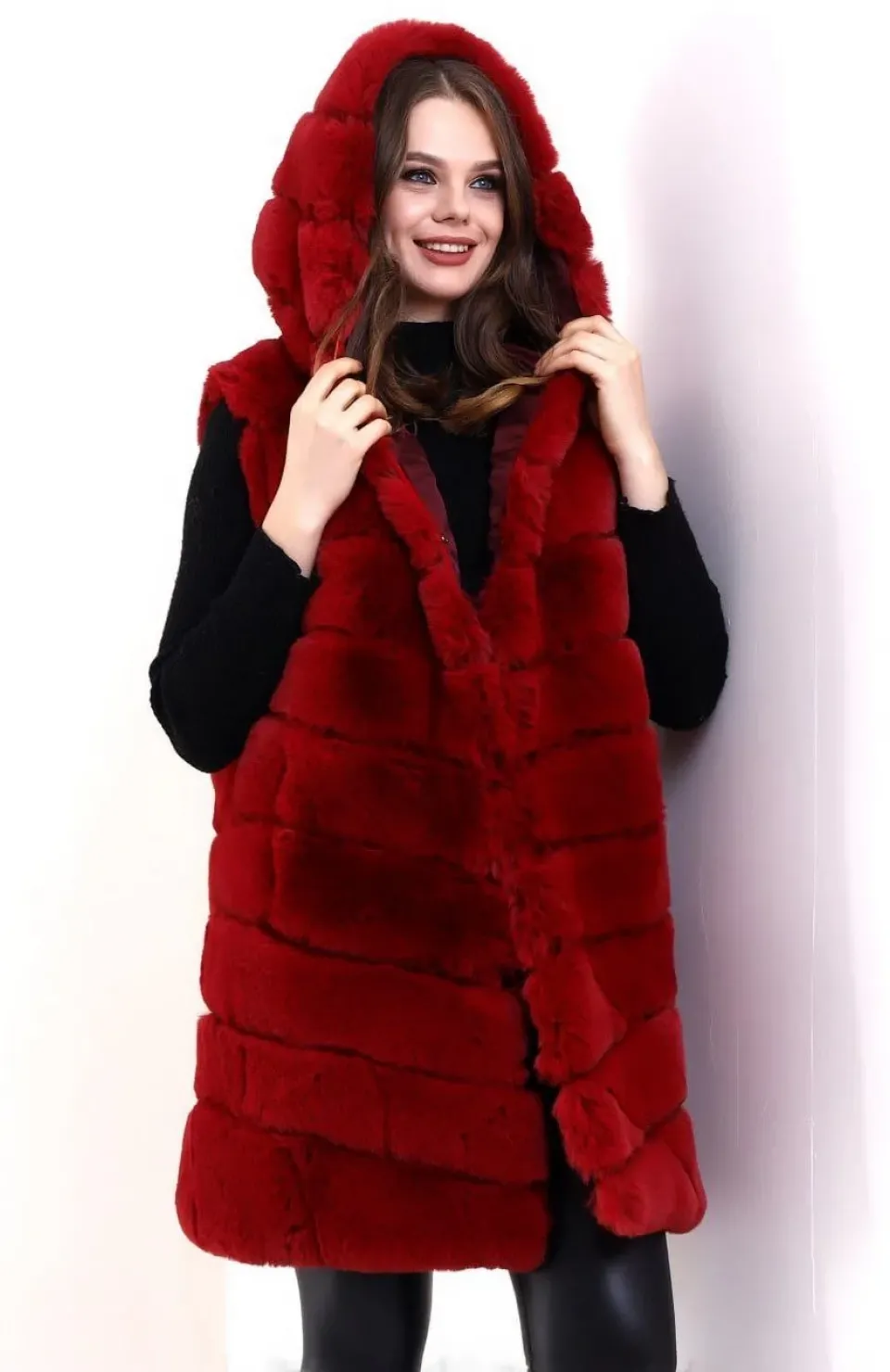Kadın Kapşonlu Peluş Kürk Yelek Premium Kalite, Tam Astarlı, Uzun Model - Kırmızı