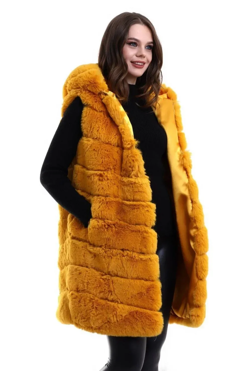 Kadın Kapşonlu Peluş Kürk Yelek Premium Kalite, Tam Astarlı, Uzun Model - Sarı
