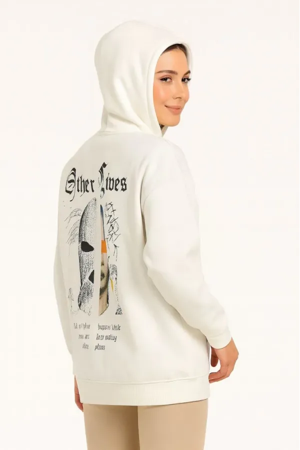 Kadın Kapşonlu Sweatshirt – Oversize Üç İplik Şardonlu Hoodie, “Other Lives” Ön & Arka Baskılı, Kanguru Cepli, Kışlık Rahat Günlük Stil - Beyaz