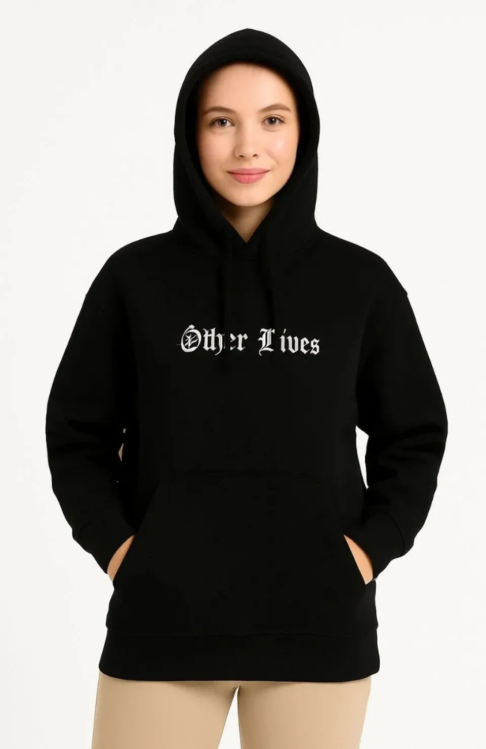 Kadın Kapşonlu Sweatshirt – Oversize Üç İplik Şardonlu Hoodie, “Other Lives” Ön & Arka Baskılı, Kanguru Cepli, Kışlık Rahat Günlük Stil- Siyah