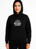 Kadın Kapşonlu Sweatshirt – Oversize Üç İplik Şardonlu Hoodie, “West Coast Classics” Ön & Arka Baskılı, Kanguru Cepli Kışlık Günlük Stil - Siyah
