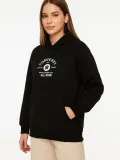 Kadın Kapşonlu Sweatshirt – Üç İplik Şardonlu Kumaş, Oversize Fit, Ön & Arka Baskılı, Kanguru Cepli, Kışlık Rahat Hoodie- Siyah