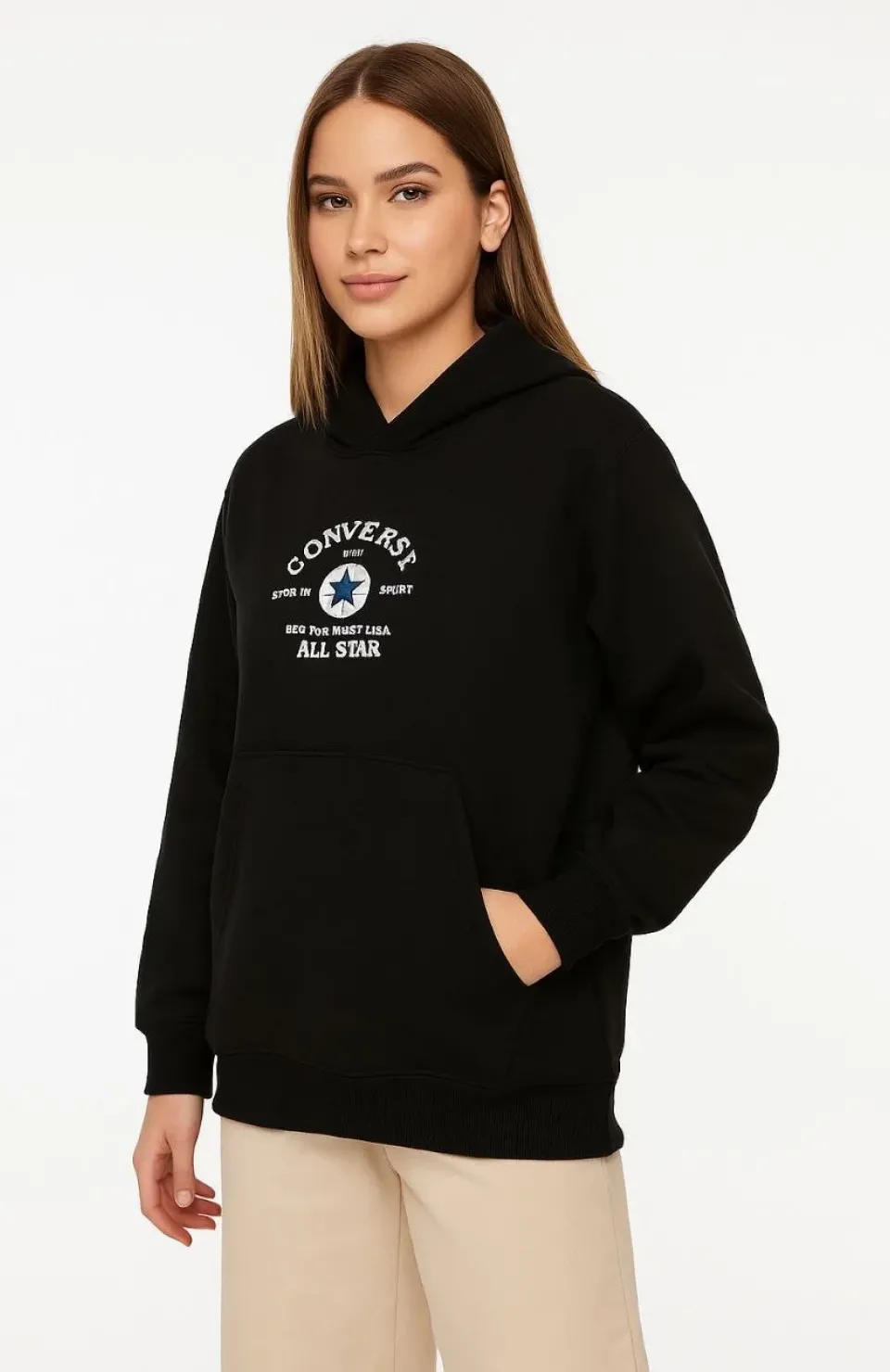 Kadın Kapşonlu Sweatshirt – Üç İplik Şardonlu Kumaş, Oversize Fit, Ön & Arka Baskılı, Kanguru Cepli, Kışlık Rahat Hoodie- Siyah