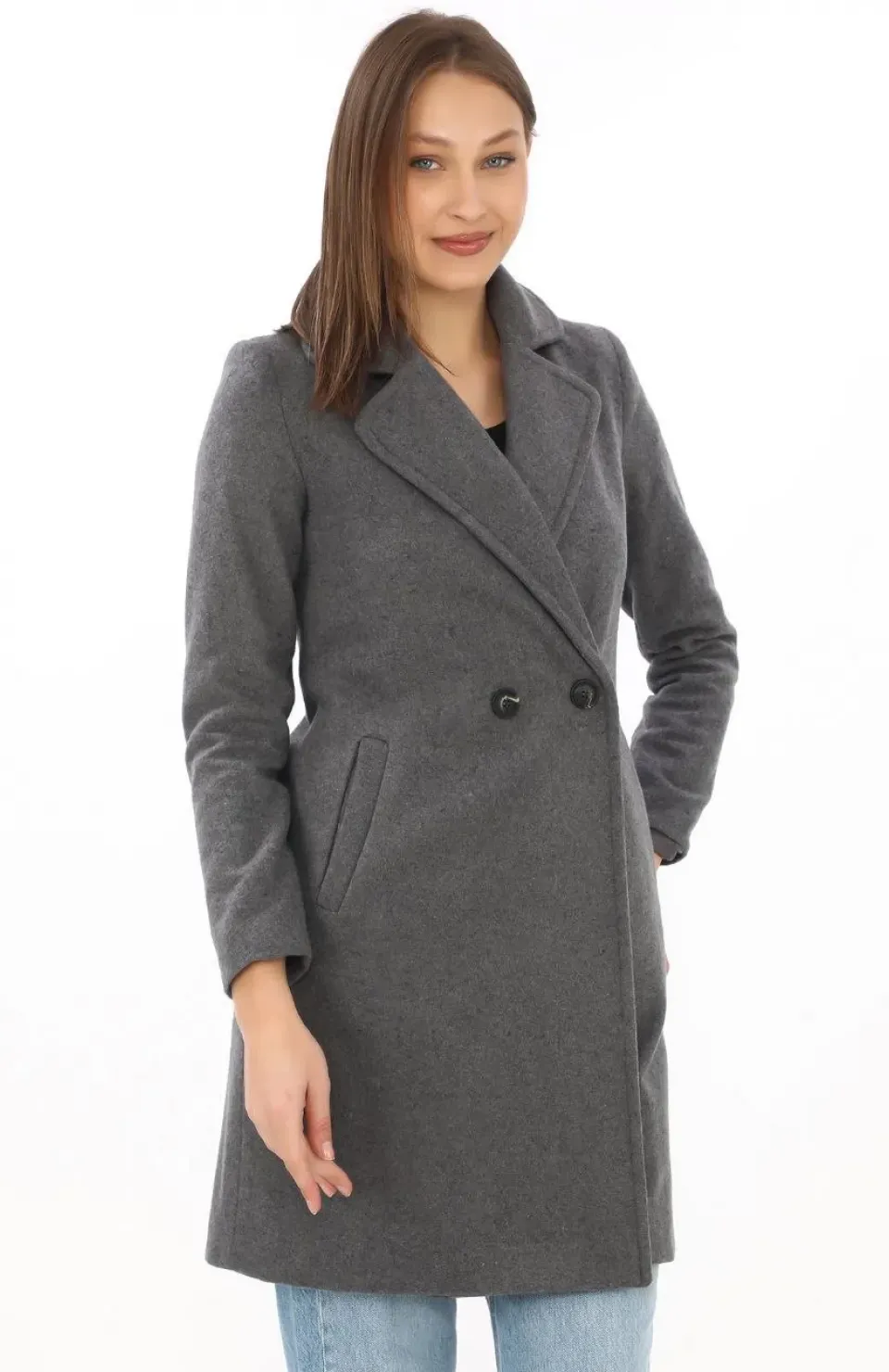 Kadın Kaşe Kaban – Siyah Yünlü Dokuma, Kruvaze Yaka, Astarlı, Cepli, Kuşaklı Uzun Boy Tesettür Uyumlu Kışlık Şık Kaban - Füme Somersan Giyim | Kadın, Erkek ve Çocuk Moda