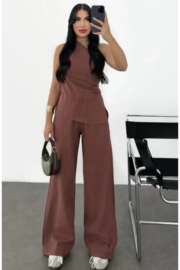 Kadın Keten Asimetrik Tek Omuzlu Bluz Pantalon Takım- Bordo