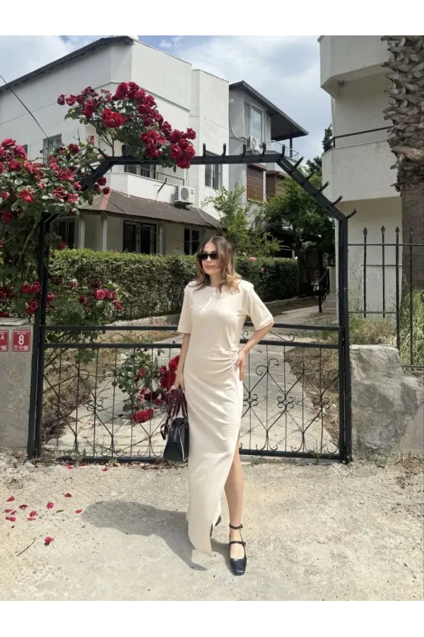 Kadın Kısa Kollu Uzun Yandan Yırtmaçlı Elbise - Bej