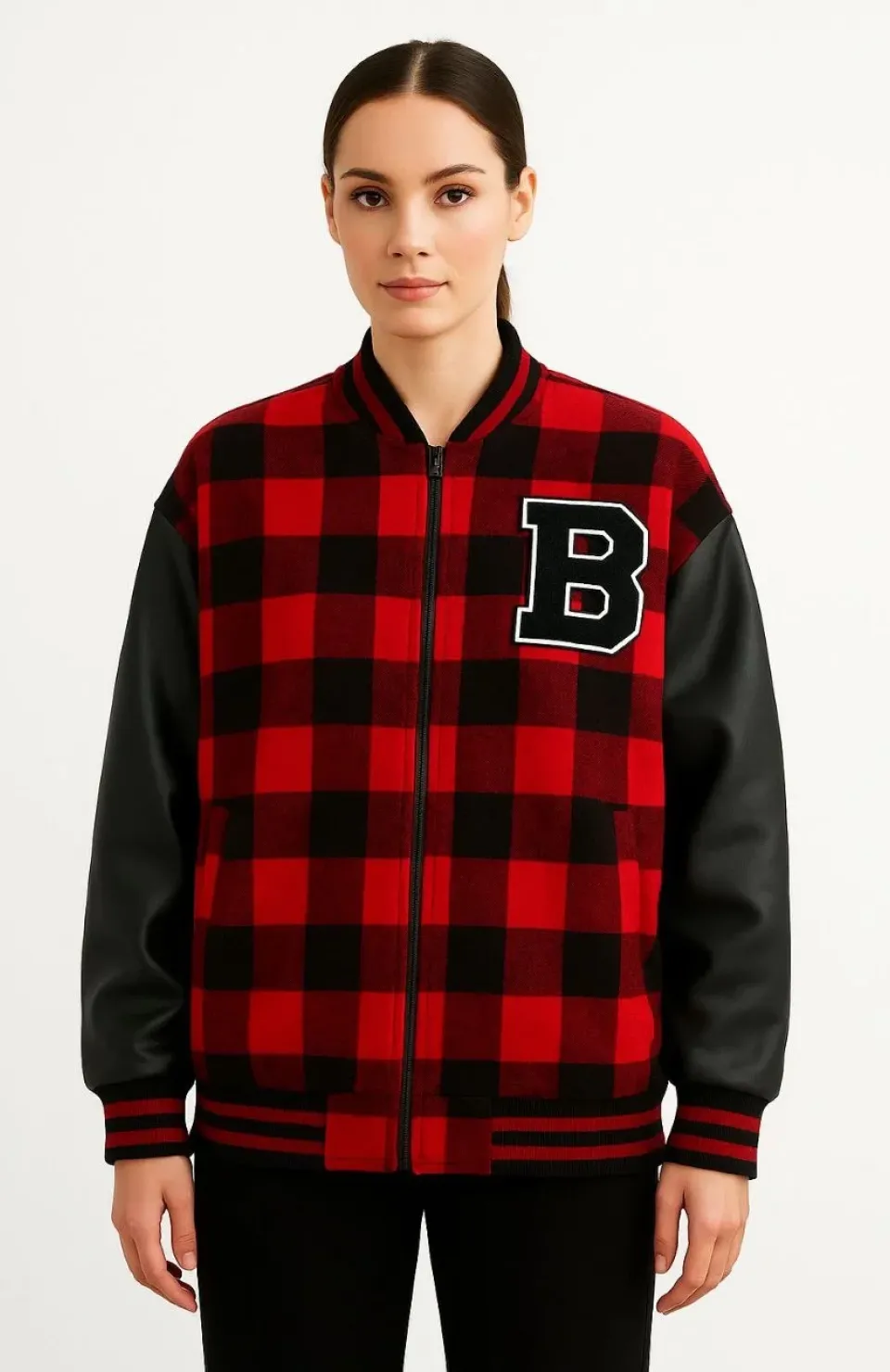 Kadın Kolej Ceket – Kareli Oduncu Kumaş, Kolları Suni Deri, Fermuarlı, İçi Kapitone Astarlı, Nakışlı Oversize Bahar & Kış Stil - Bordo