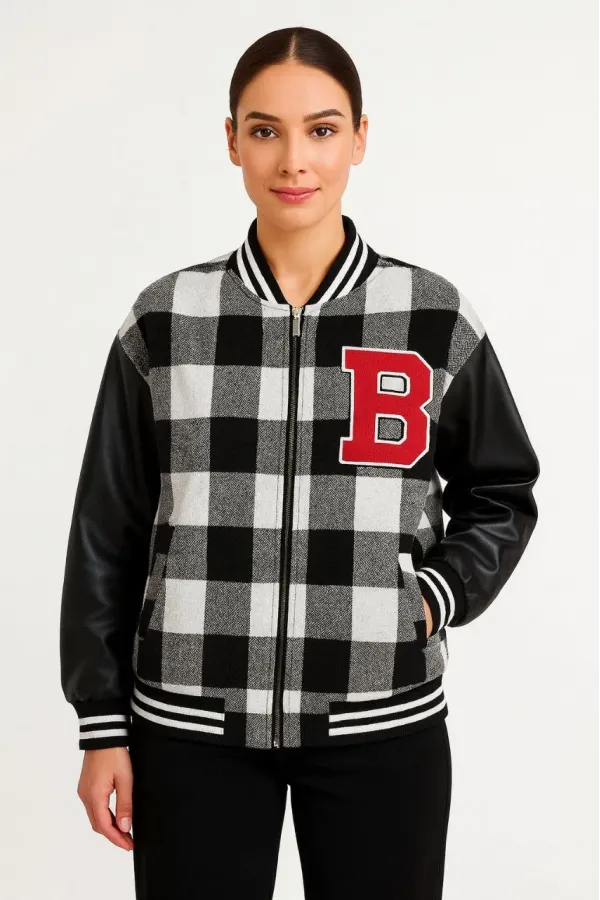 Kadın Kolej Ceket – Kareli Oduncu Kumaş, Kolları Suni Deri, Fermuarlı, İçi Kapitone Astarlı, Nakışlı Oversize Bahar & Kış Stil - Gri