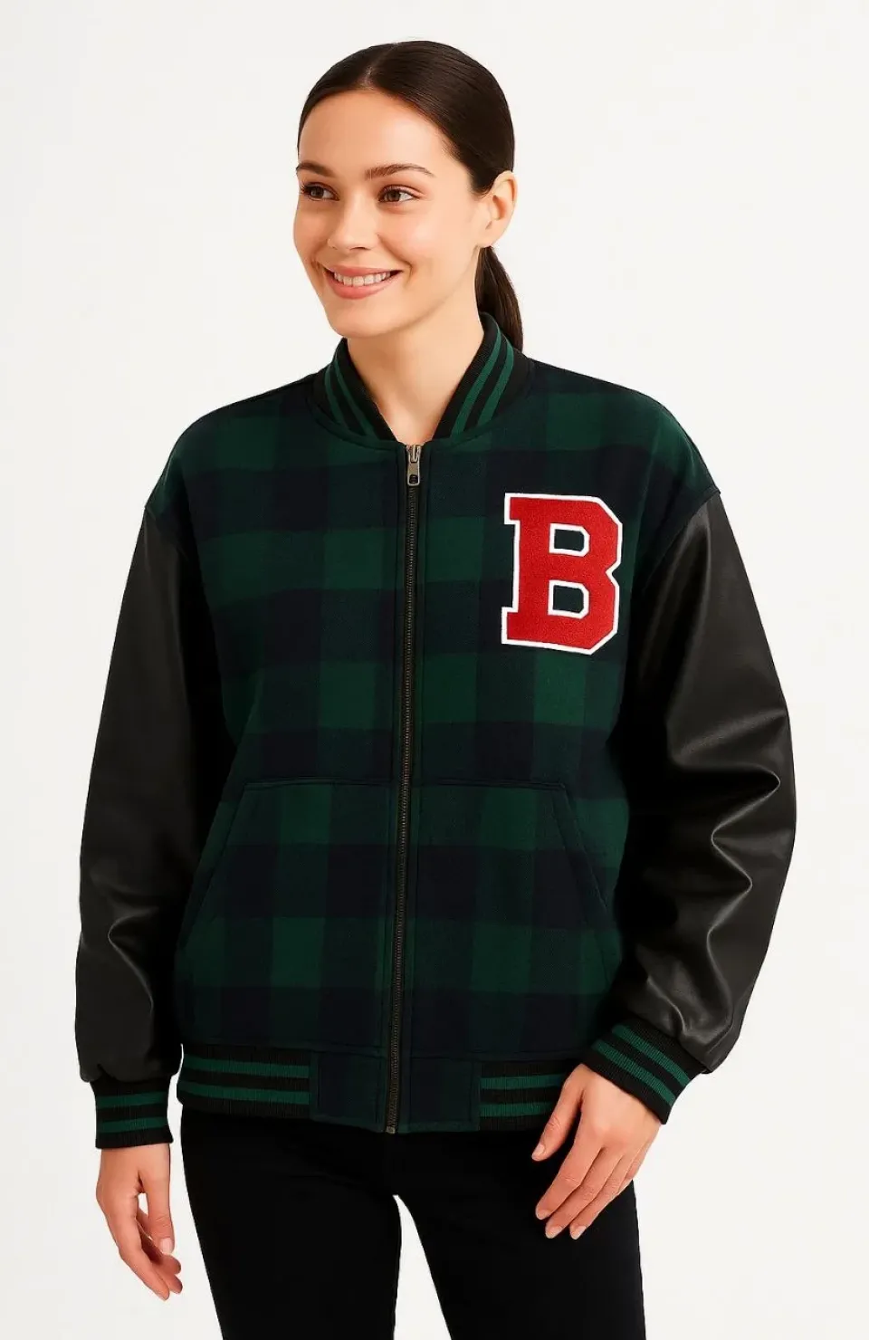 Kadın Kolej Ceket – Kareli Oduncu Kumaş, Kolları Suni Deri, Fermuarlı, İçi Kapitone Astarlı, Nakışlı Oversize Bahar & Kış Stil - Haki